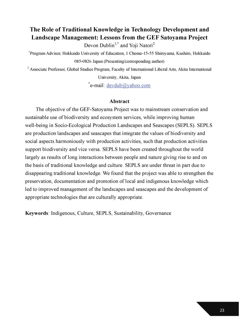 The Role of Traditional Knowledge in Technology Development and Landscape Management: Lessons from the GEF Satoyama Project (傳統知識在技術發展與地景經營所扮演的角色：以全球環境基金里山倡議計畫為例)-1