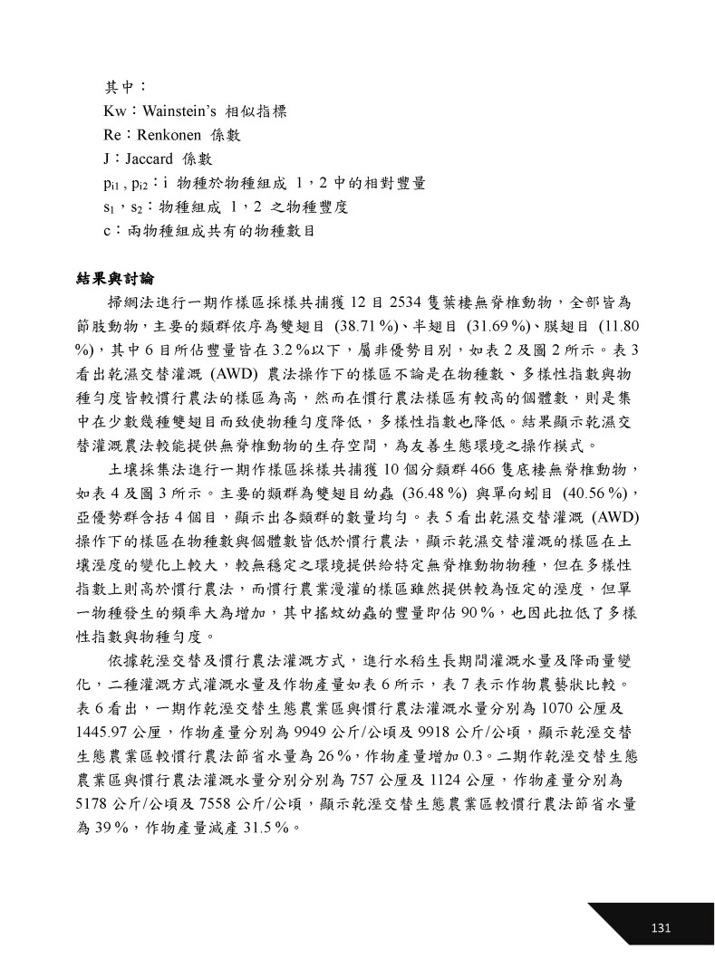 生態農業及慣行農法下水稻田區無脊椎動物與灌溉水量差異比較-3