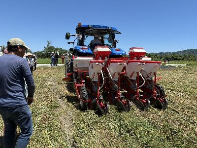 研究同仁示範以真空播種機，於壓倒的太陽麻覆蓋上進行直接播種--將另開視窗看原圖