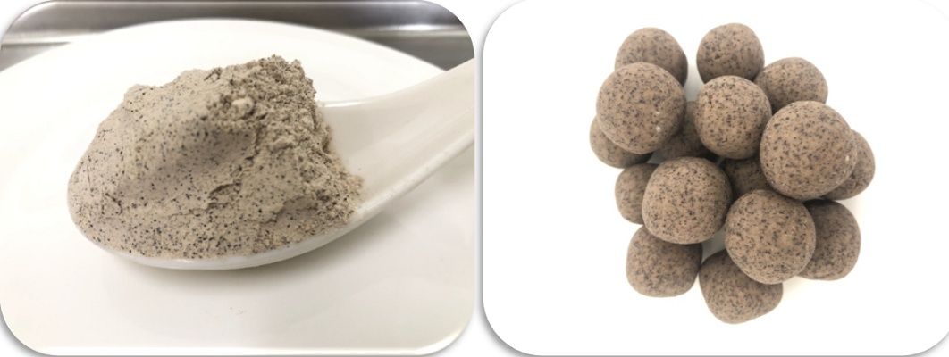樹豆經過熟化處理(左)後，可製成樹豆粉，進行各種應用。例如試製為樹豆圓產品(右)