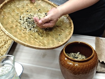 部落文化傳承 林玉妃Epaw老師的釀酒課 將混合好的酒麴放入酒罈中
