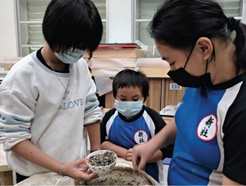 部落文化傳承 林玉妃Epaw老師的釀酒課 高年級的大朋友帶著小朋友一起製作酒麴