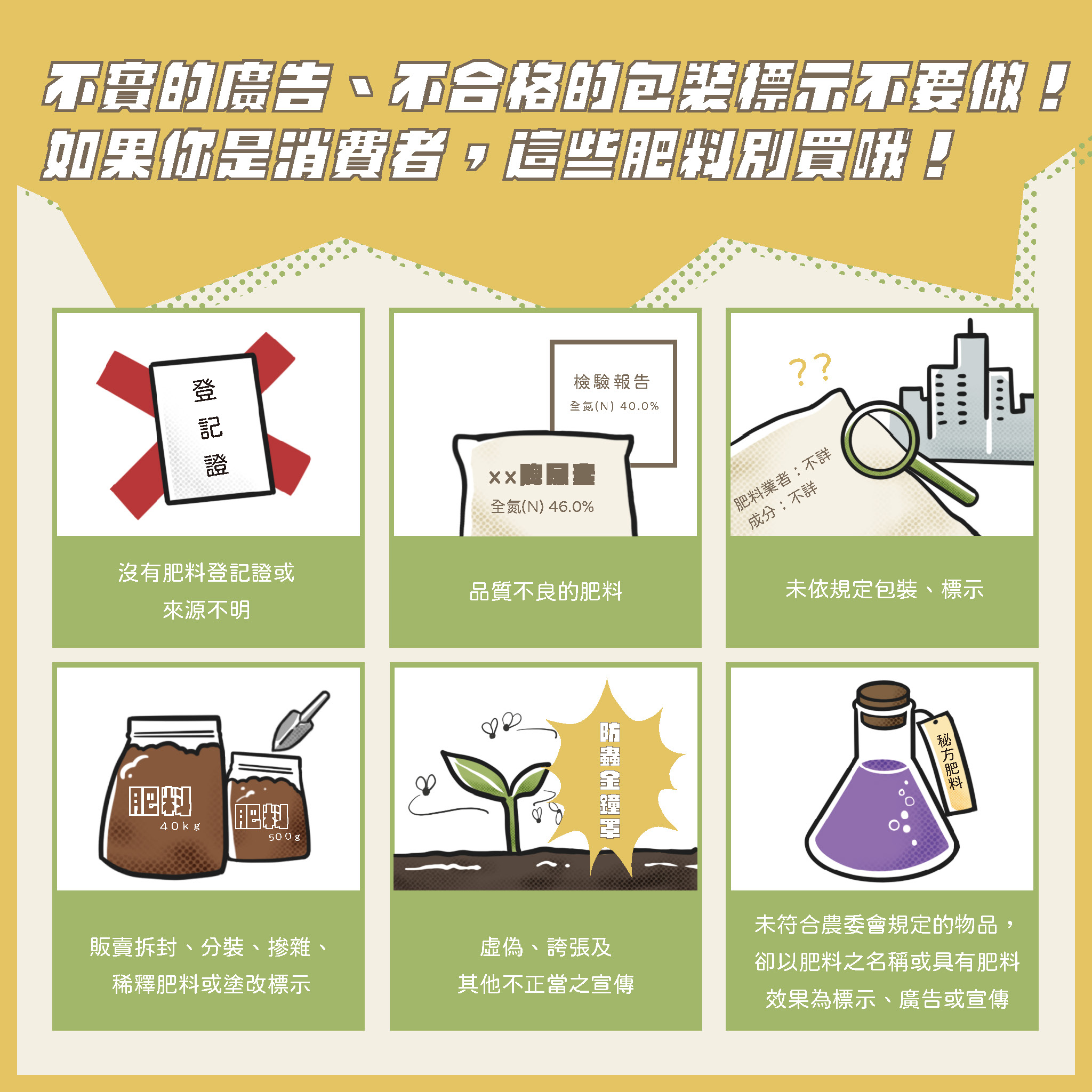 肥料管理法規宣導 (一)製造、輸入或販賣肥料請依肥料管理法規定辦理。 (二)網路販賣分裝肥料,處新台幣五萬元以上二十五萬元以下罰鍰。 (三)購買肥料請認明肥料登記證字號及完整包裝,保障自身權益。