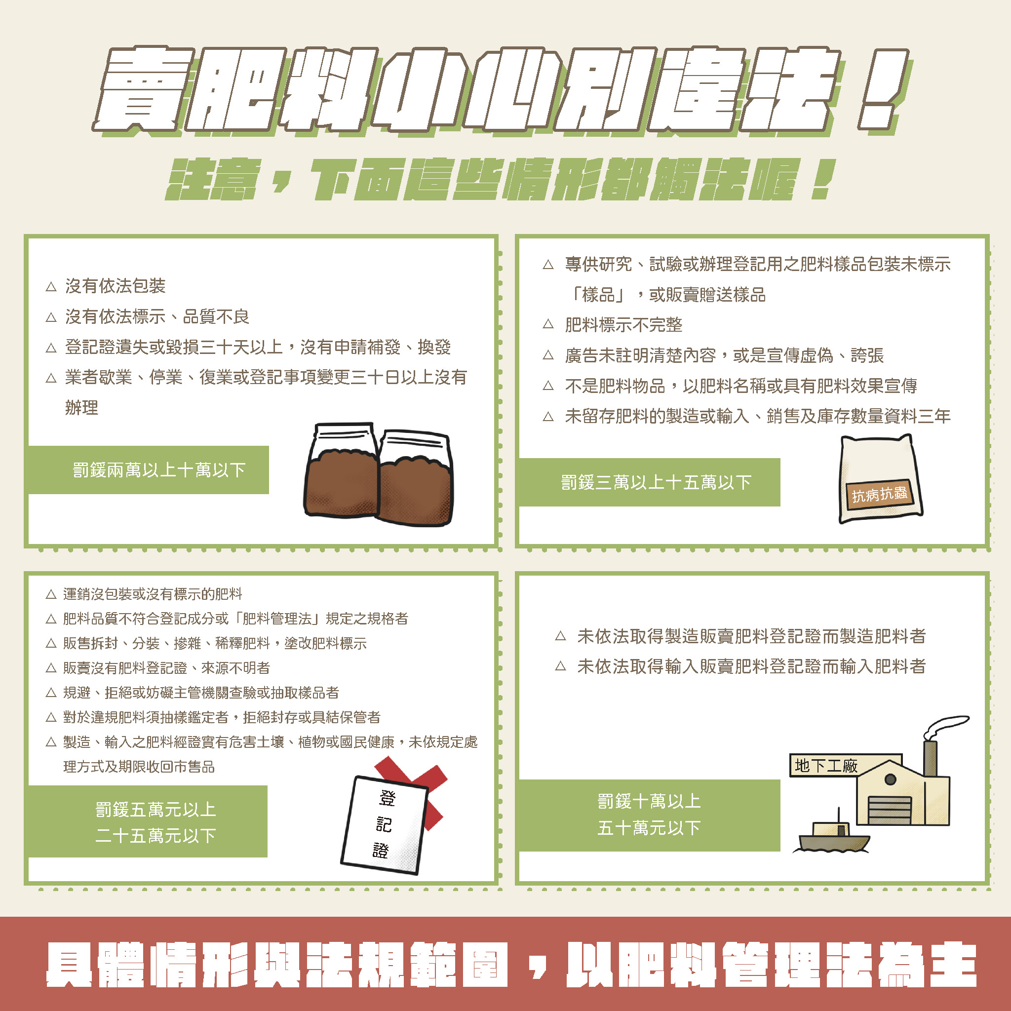 肥料管理法規宣導 (一)製造、輸入或販賣肥料請依肥料管理法規定辦理。 (二)網路販賣分裝肥料,處新台幣五萬元以上二十五萬元以下罰鍰。 (三)購買肥料請認明肥料登記證字號及完整包裝,保障自身權益。