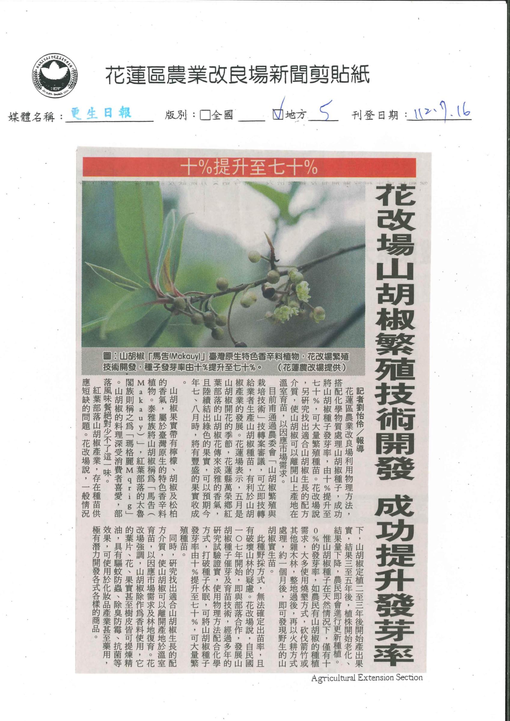 花改場山胡椒繁殖技術開發 成功提升發芽率-1120716更生日報