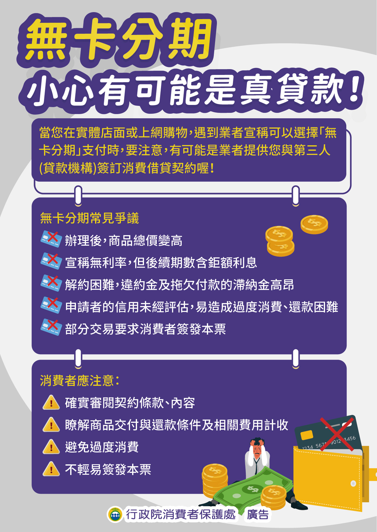 為增進國人消費意識，強化消費知能，行政院消費者保護處製作旨揭消保圖卡及影片，期能減少消費爭議。