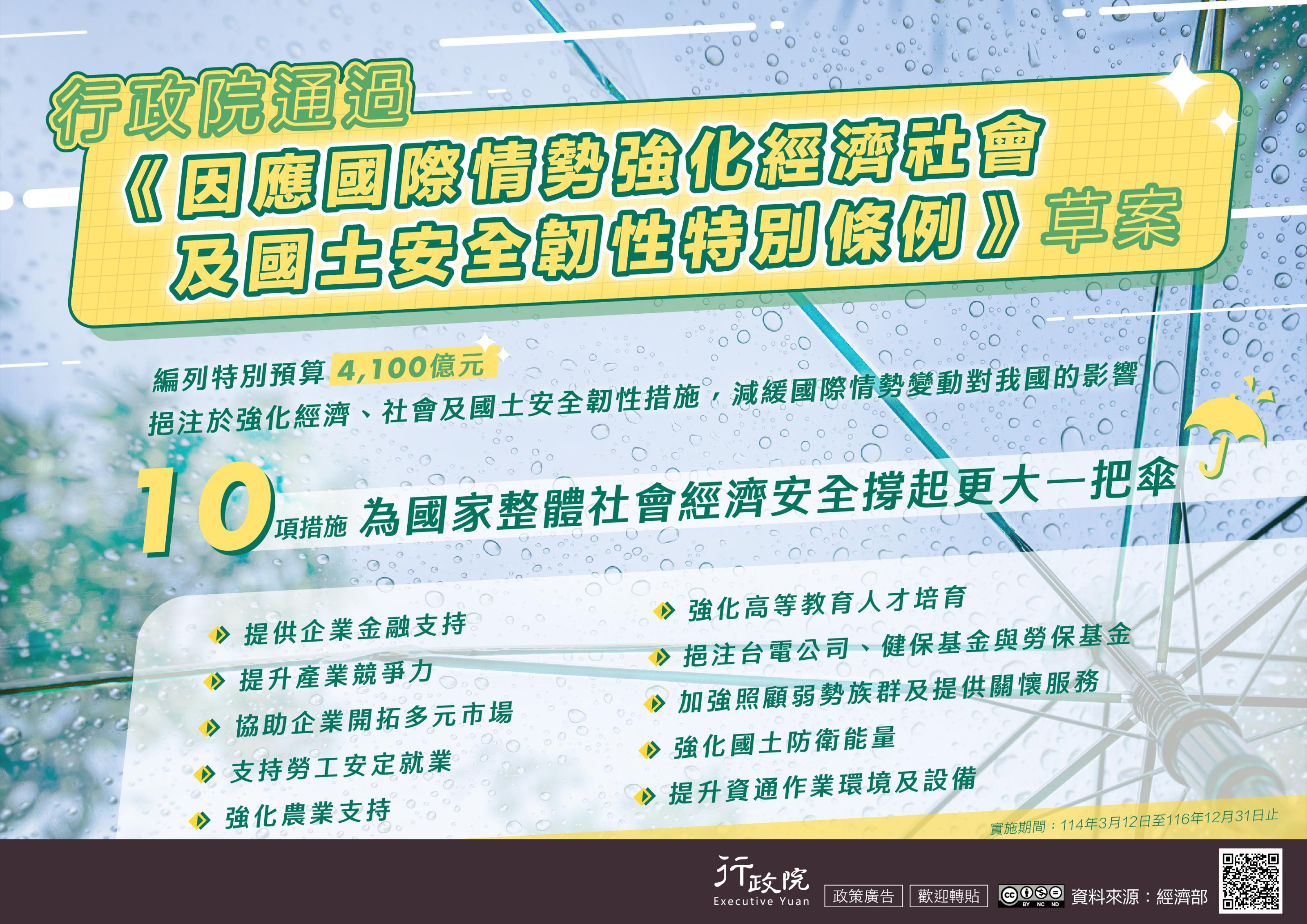 行政院新聞傳播處推廣「因應國際情勢強化經濟社會及國土安全韌性特別條例」草案政策電子圖文說明資 依據行政院新聞傳播處114年5月5日院臺聞字第1145008948號函辦理。