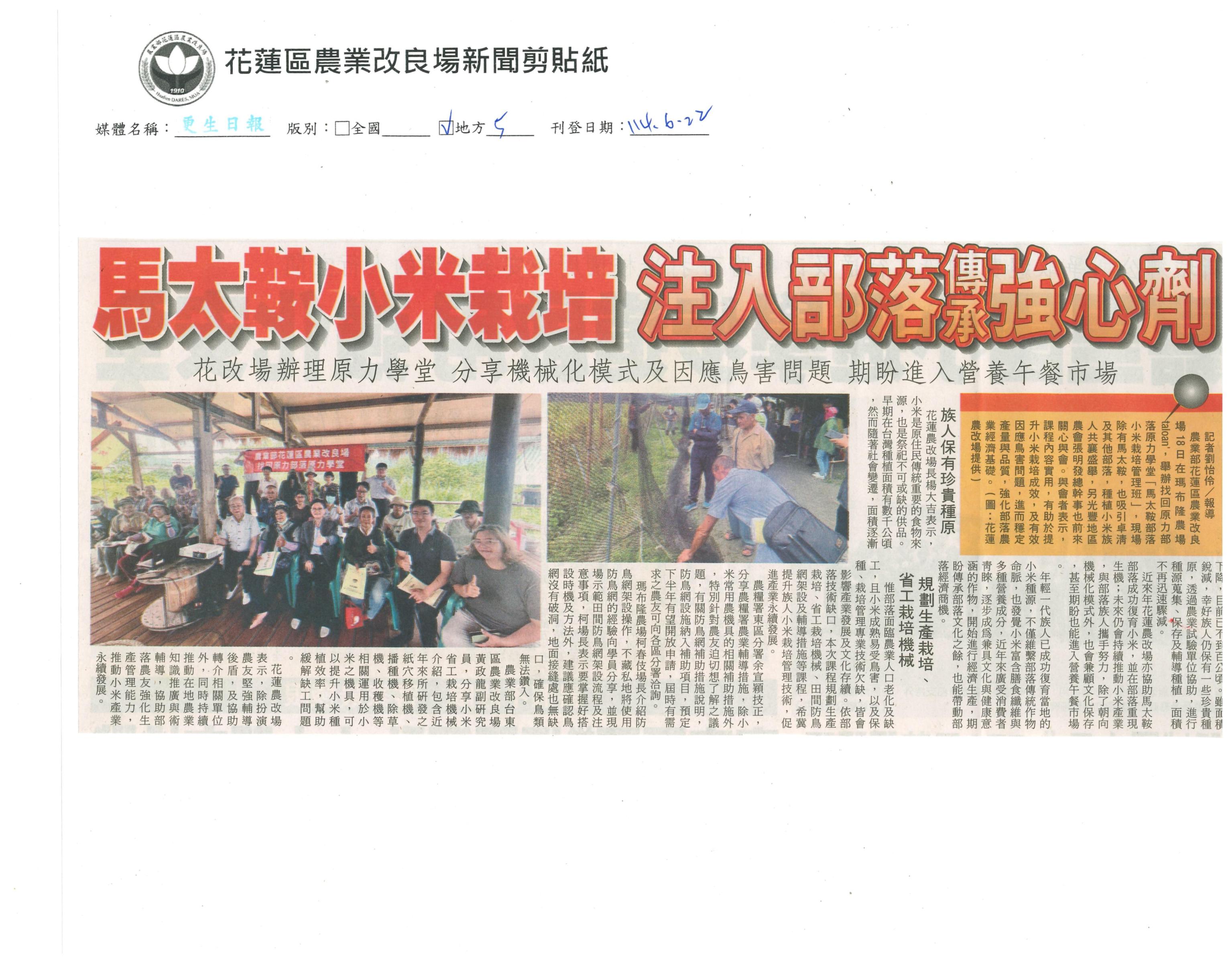 馬太鞍小米栽培 注入部落傳承強心劑-1140622更生日報