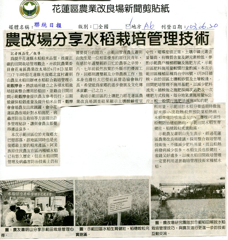 農改場分享水稻栽培管理技術