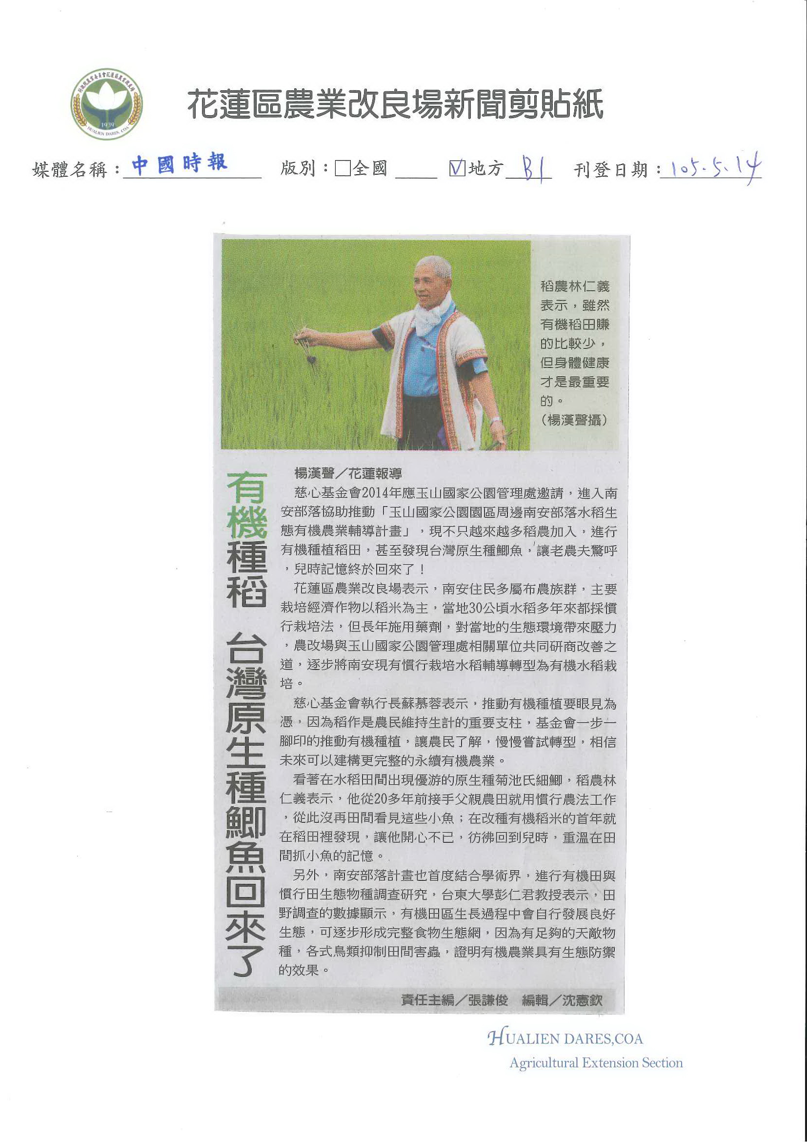 有機種稻　台灣原生種鯽魚回來了-1050514中國時報