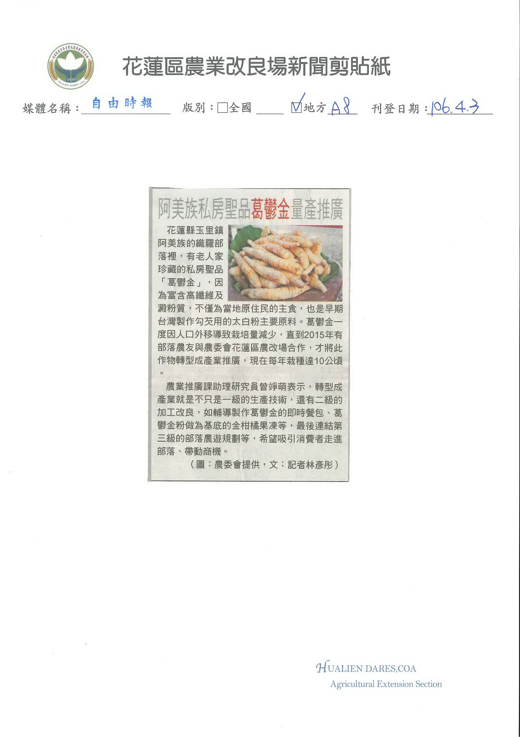 阿美族私房聖品葛鬱金量產推廣-1060403自由時報
