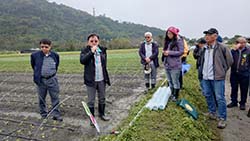 本場楊大吉場長(左二)及農試所王仕賢所長(左一)說明危機就是轉機,農業部也會持續協助農友盡速復耕 本場楊大吉場長(左二)及農試所王仕賢所長(左一)說明危機就是轉機,農業部也會持續協助農友盡速復耕