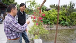插秧後本場稻作研究室潘昶儒主持人(左一)，至田區拜訪蕭明山農友，說明花蓮22號栽培注意事項