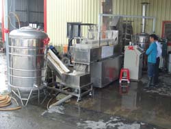 連續式種子溫湯消毒機進料、消毒、冷卻、出料、收集全貌