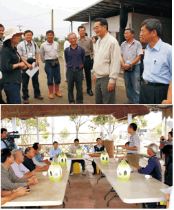農委會陳主任委員武雄於5月8日參訪花蓮縣壽豐鄉志學地區有機農業專區，在參觀各農場田區後拜訪伍佰戶有機農場(上圖)，後至志學有機農場與其他各農 場主舉行面對面座談(下圖)，了解各農友 面臨之問題