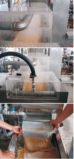 連續式種子溫湯消毒機之殺菌裝置(上)、冷卻裝置(中)以及出料收集(下)